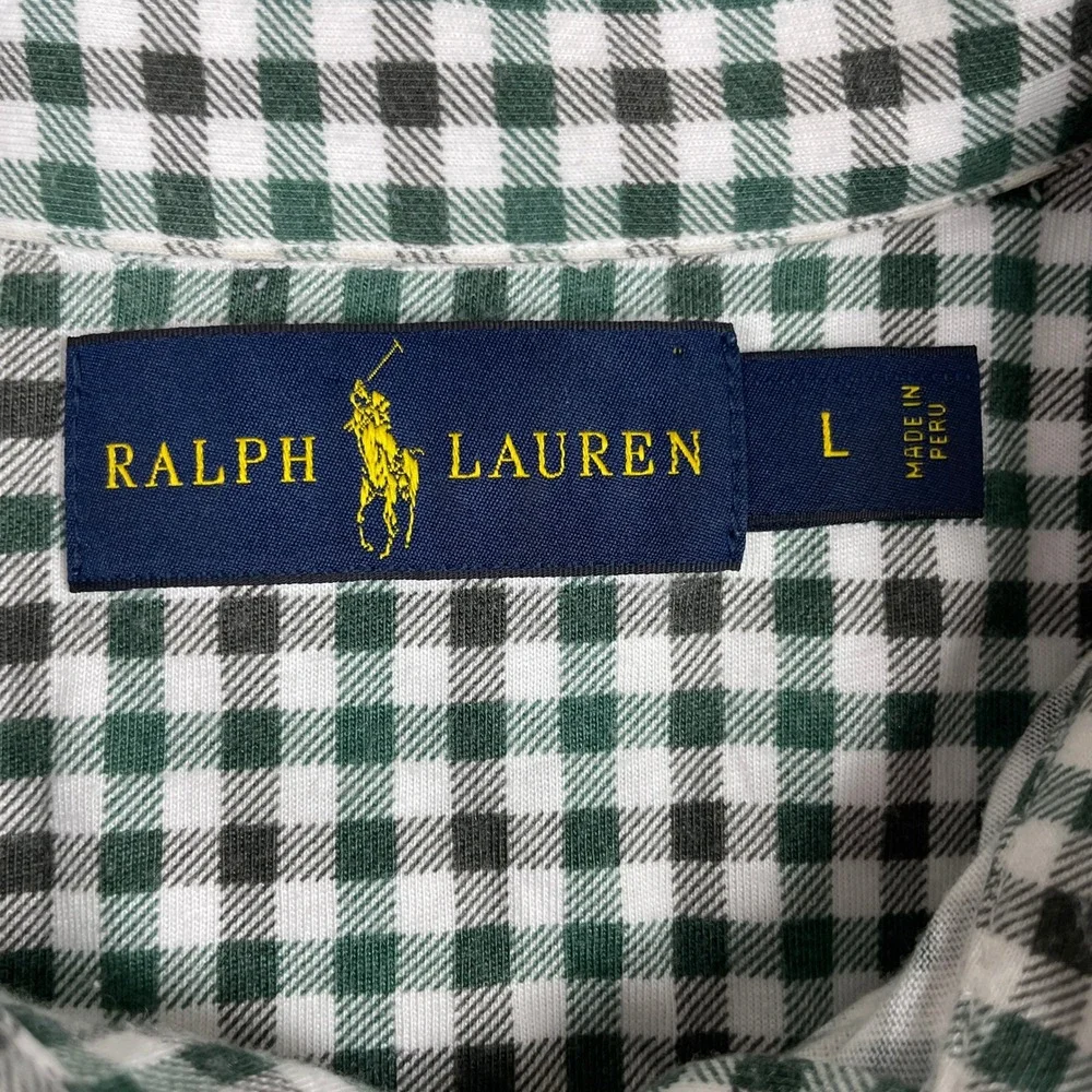 Ralph Lauren Polo Shirt Mens L Green Gingham Plaid Pima Cotton Modal Pocket